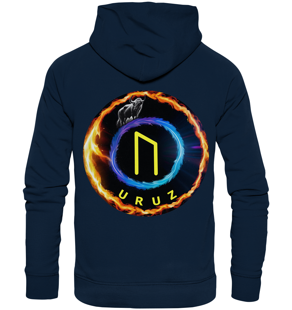 Das Bild zeigt die Rückseite eines Uruz - Organic Fashion Hoodie von Silbers Magic Shop in Marineblau, auf dem ein Runensymbol in einem feurigen Kreis und einem blauen Heiligenschein zu sehen ist. Darüber ist ein schwarzer Stier abgebildet, darunter ist das Wort „Uruz“ aufgedruckt – eine ideale Wahl für umweltbewusste Modefans.