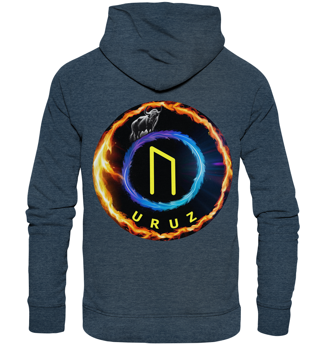 Rückansicht des Uruz - Organic Fashion Hoodie in Dunkelblau von Silbers Zauberladen, der ein kreisförmiges Design mit Flammen und einem lebendigen Farbverlauf zeigt. In der Mitte befindet sich ein „N“-ähnliches Symbol über dem Wort „URUZ“. Ein Wolf ziert den Bereich über dem Kreis und macht ihn perfekt für umweltbewusste Fashion-Liebhaber.