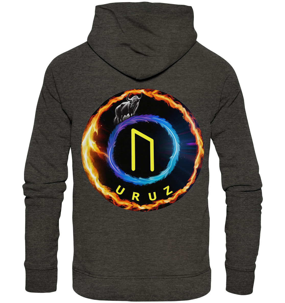 Die Rückseite des Uruz - Organic Fashion Hoodie von silbers magic shop zeigt ein lebendiges Kreismuster mit einem leuchtenden Runensymbol in der Mitte, umgeben von Flammen und blauem Licht. Darunter ist das Wort „URUZ“ aufgedruckt, darüber eine Tiersilhouette. Ideal für umweltbewusste Modebegeisterte, die nachhaltige Kreativität schätzen.