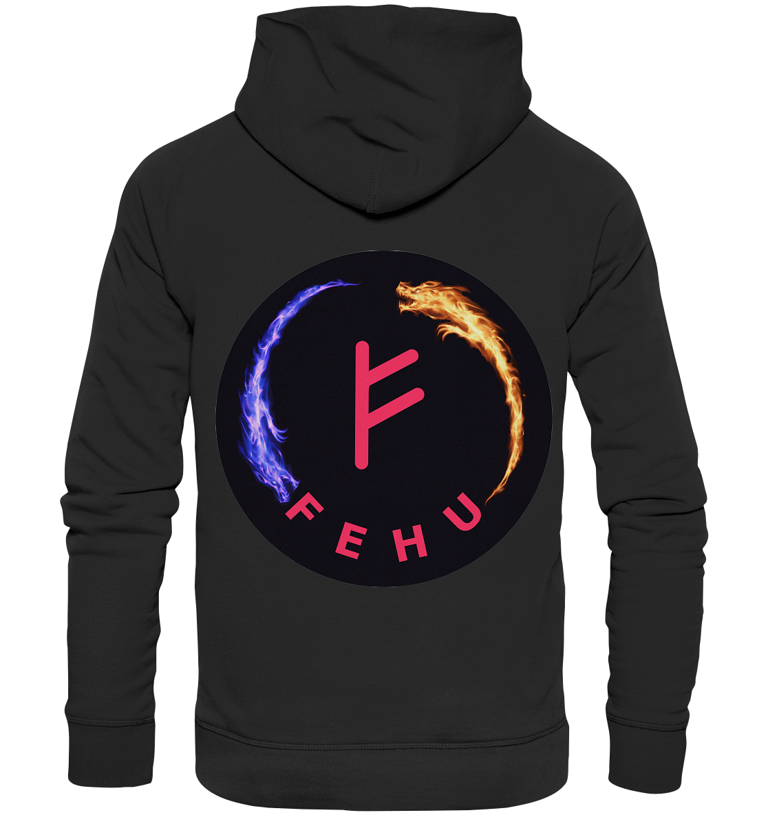 Der Fehu - Organic Fashion Hoodie von Silbers Magic Shop zeigt ein rundes Emblem mit einem zentralen roten F-förmigen Symbol. Eine blaue Flamme akzentuiert die linke Seite und eine orange Flamme ziert die rechte Seite, alles aus nachhaltigen Materialien hergestellt. Unter dem Emblem ist elegant in Rot „FEHU“ eingeschrieben.