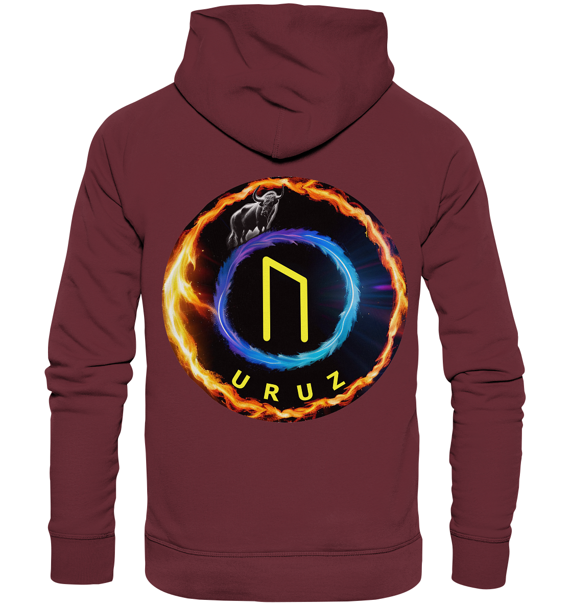 Rückansicht des kastanienbraunen Uruz - Organic Fashion Hoodie von Silbers Magic Shop, der ein großes Design auf nachhaltigem Material zeigt. Der Hoodie zeigt einen flammenden Ring, ein runenähnliches Symbol und das Wort „URUZ“ in Gelb mit einer Stierillustration oben links – ideal für umweltbewusste Modeliebhaber.