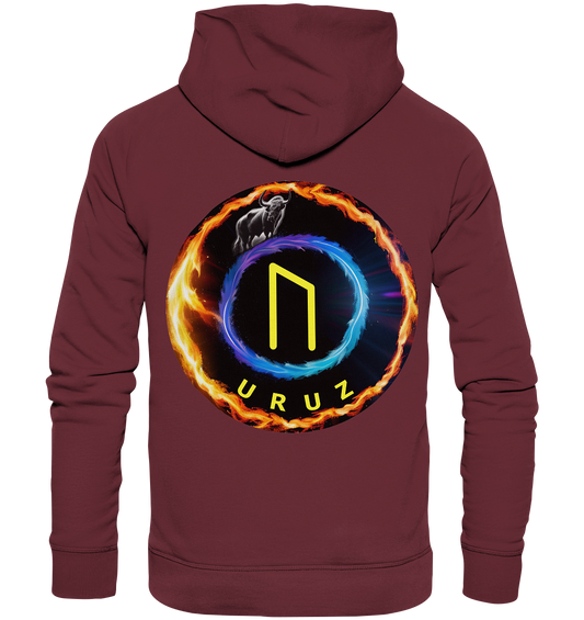 Rückansicht des kastanienbraunen Uruz - Organic Fashion Hoodie von Silbers Magic Shop, der ein großes Design auf nachhaltigem Material zeigt. Der Hoodie zeigt einen flammenden Ring, ein runenähnliches Symbol und das Wort „URUZ“ in Gelb mit einer Stierillustration oben links – ideal für umweltbewusste Modeliebhaber.