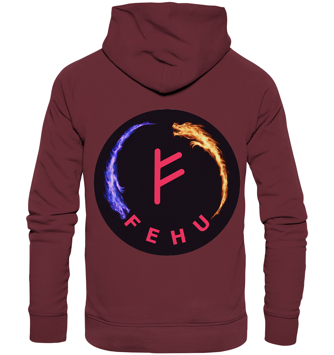 Der Fehu - Organic Fashion Hoodie von Silbers Magic Shop in Kastanienbraun zeigt auf der Rückseite ein rundes Emblem. Er ist aus Bio-Baumwolle gefertigt und zeigt ein rotes Runensymbol, flankiert von einer blauen und einer orangefarbenen Flamme, darunter die Inschrift „FEHU“.