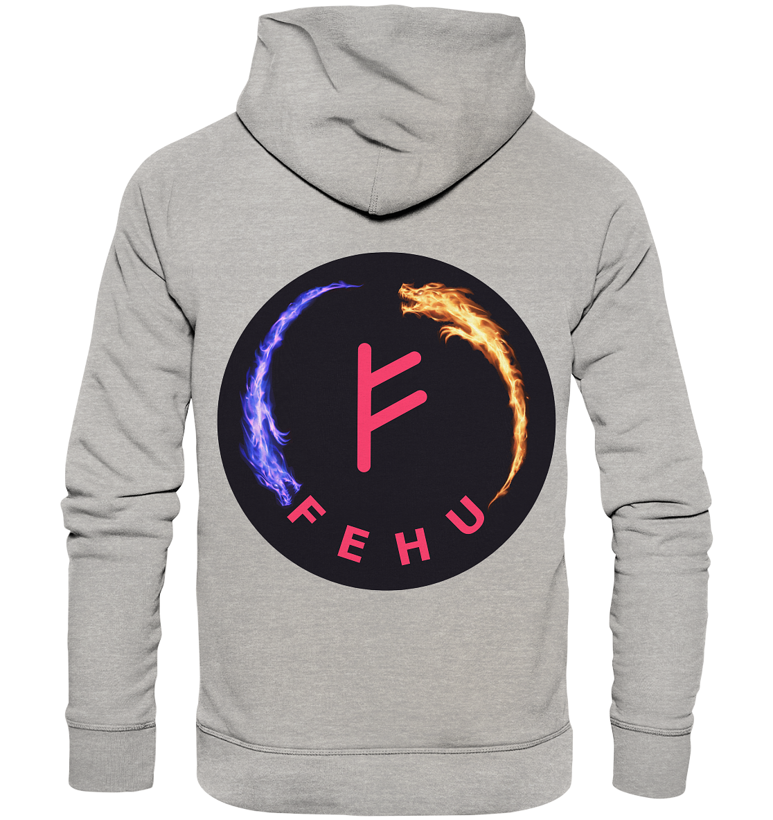 Wir präsentieren den Fehu - Organic Fashion Hoodie von Silbers Magic Shop: Dieser stylische graue Hoodie hat auf der Rückseite ein rundes Logo, das ein zentrales rotes Runensymbol hervorhebt. Es wird von einem Bogen aus blauen Flammen auf der linken und orangefarbenen Flammen auf der rechten Seite flankiert. Das Wort „FEHU“ ist elegant in Rot darunter gearbeitet. Hergestellt aus nachhaltigen Materialien, darunter umweltfreundliche Bio-Baumwolle, ist er perfekt für ein umweltbewusstes Style-Statement.