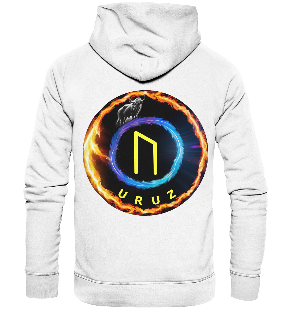 Rückansicht eines Uruz - Organic Fashion Hoodie von Silbers Magic Shop mit kreisförmigem Grafikdesign. Das stilisierte „U“-Logo ist von feurigen und elektrischen Effekten umgeben, darunter steht „URUŽ“, was umweltbewusste Modefans anspricht. In der oberen linken Ecke ist teilweise eine schwarze Tiersilhouette sichtbar.