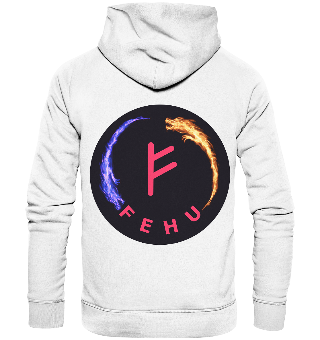 Eine Rückansicht des Fehu - Organic Fashion Hoodie von Silbers Magic Shop, hergestellt aus Bio-Baumwolle. Der Hoodie zeigt ein rundes Logo mit „FEHU“ in Pink und einem roten stilisierten „F“, flankiert von einer blauen Flamme auf der linken und einer orangefarbenen Flamme auf der rechten Seite.