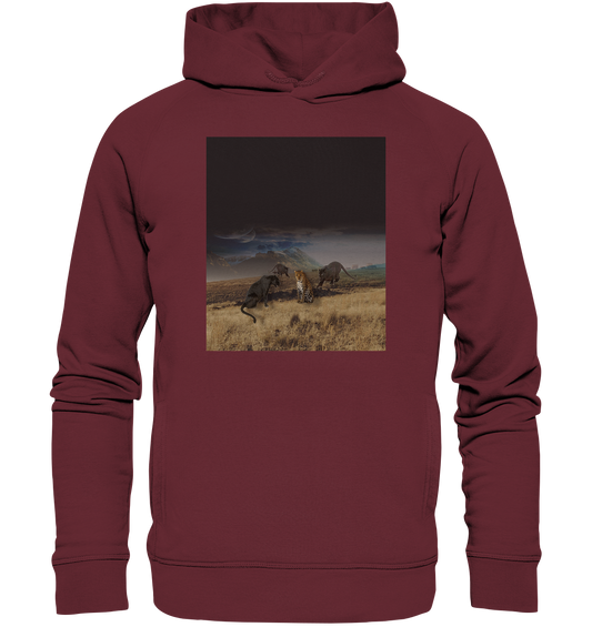 Der „Ein Leopard kann ...“ Organic Fashion Hoodie von Silbers Magic Shop ist in Kastanienbraun erhältlich und zeigt eine dramatische Szene mit einem Löwen und zwei schwarzen Panthern auf einer Wiese unter einem bewölkten Himmel. Hergestellt aus hochwertiger Bio-Baumwolle verbindet er Stil mit Nachhaltigkeit.